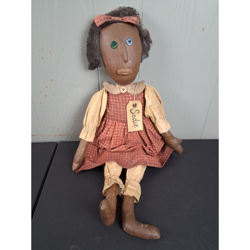 Vintage Primitive African American Folk Art Doll 21" Dress Americana